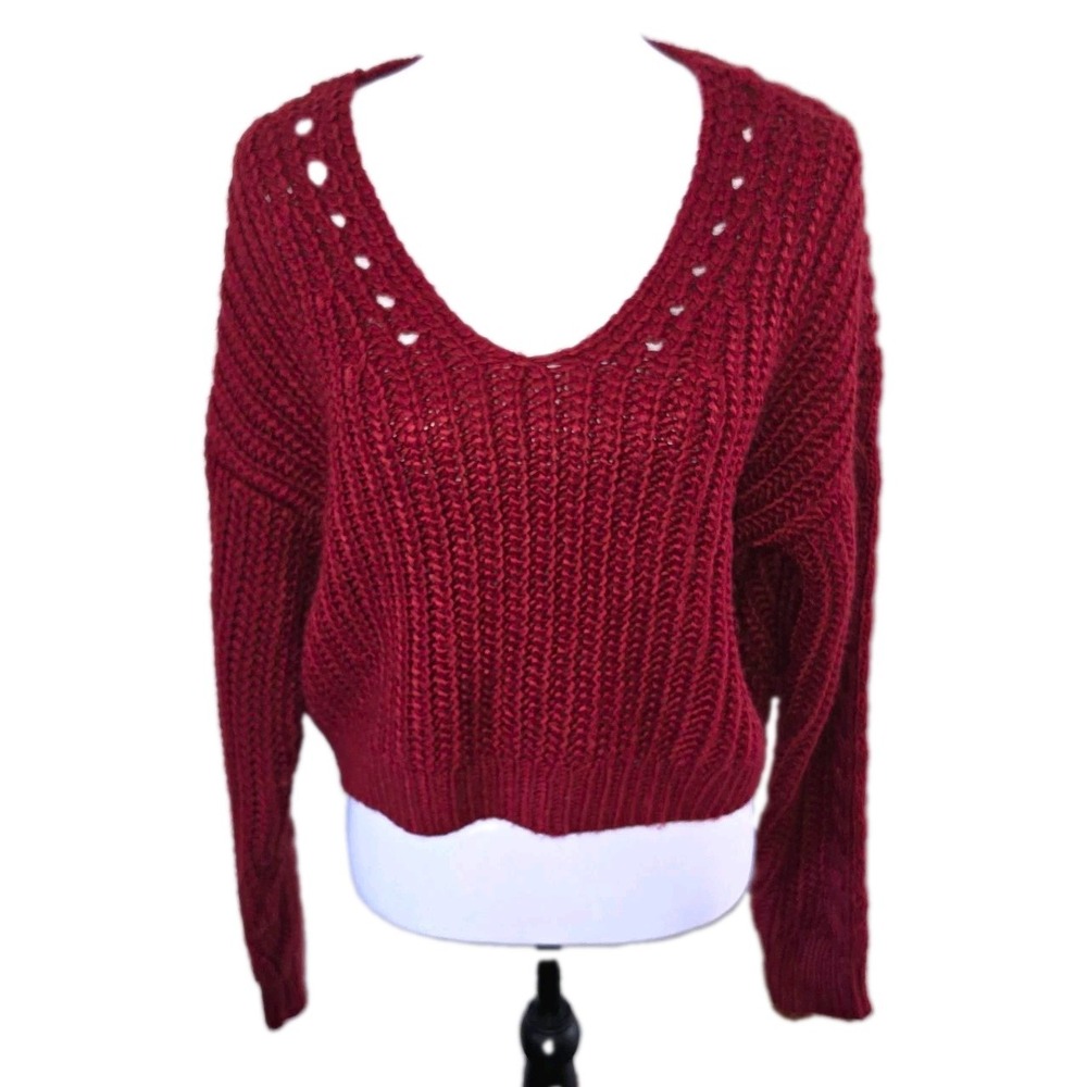L.A. Hearts Burgundy Acrylic Knit V-Neck Long Sleeve Eyelet Sweater Women's S